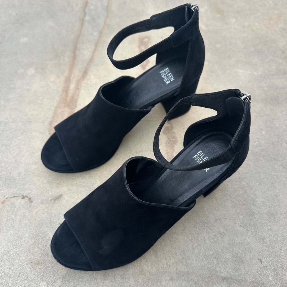 Eileen Fisher Matty Black Suede Sandal Heels Shoes Open Toe 9.5
